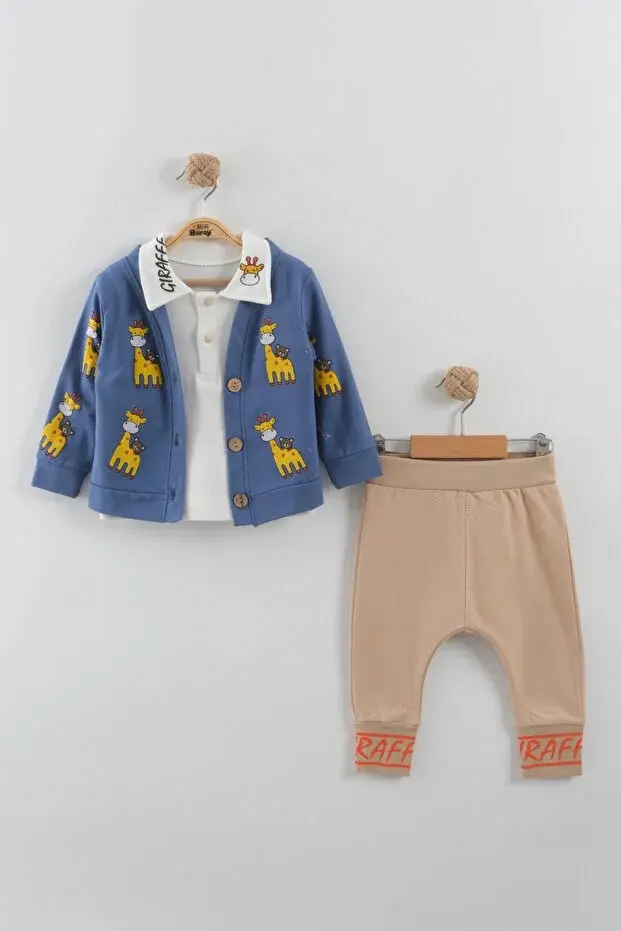 Zürafa baskılı Ceketli Erkek 3 Lü Takım - 9-12-18 Ay Seri -923-Mavi
