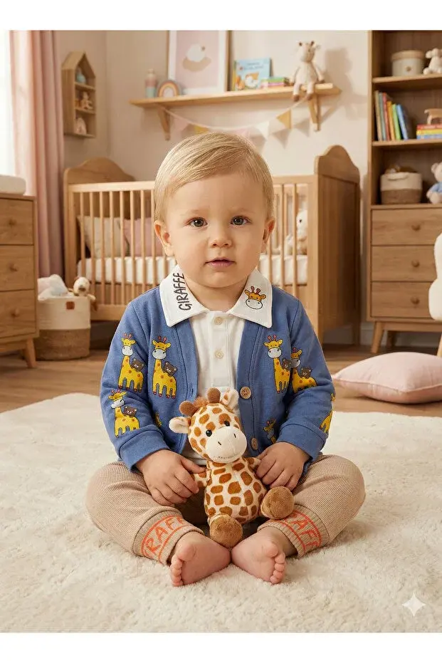 Zürafa baskılı Ceketli Erkek 3 Lü Takım - 9-12-18 Ay Seri -923-Mavi