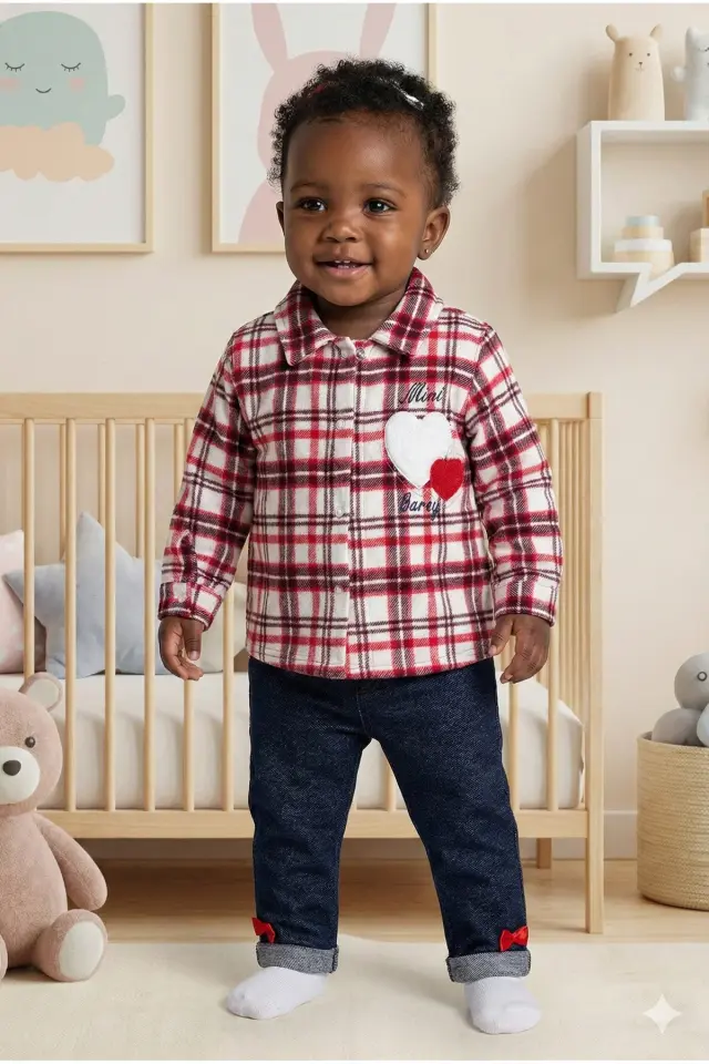 Kız Ekose 3'lü Kırmızı Gömlek Takım (9-12-18 Ay ) Seri - 974-Kırmızı