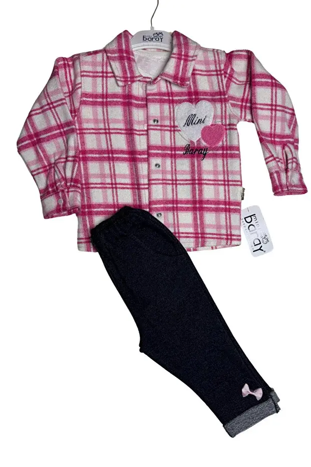 Kız Ekose 3'lü Pembe Gömlek Takım (9-12-18 Ay ) Seri - 974-Pembe
