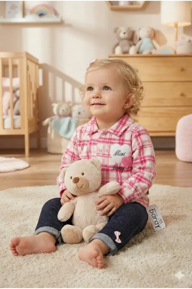 Kız Ekose 3'lü Pembe Gömlek Takım (9-12-18 Ay ) Seri - 974-Pembe