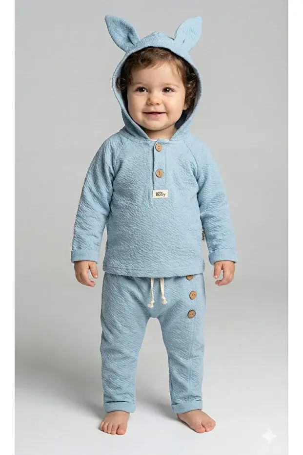 Tavşan kulaklı Örme Müslin İkili Takım 9 -12-18 Ay Seri -915-Mavi