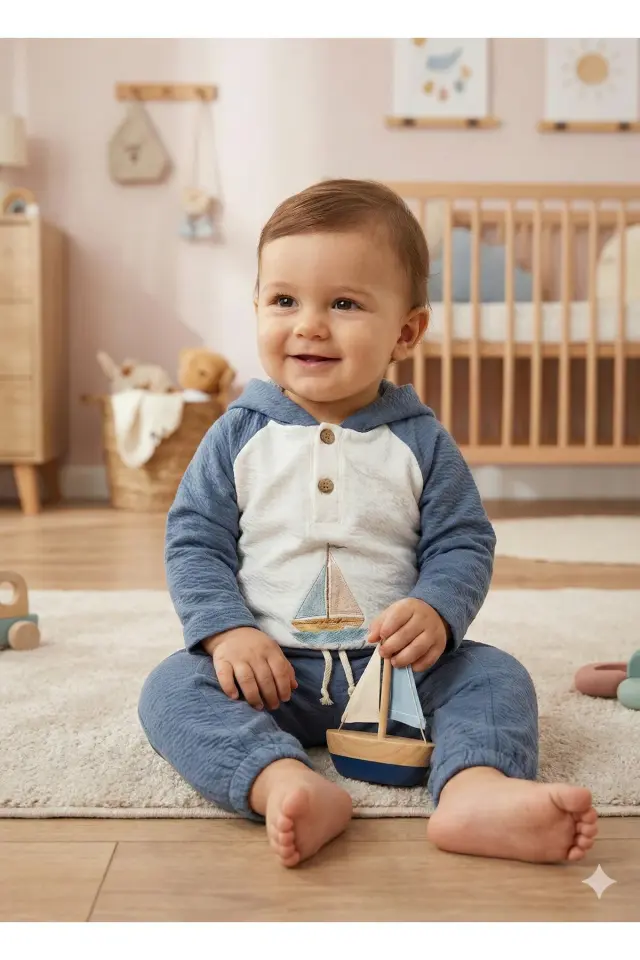 Örme Müslin Gemili Lacivert Takım  (9-12-18 Ay ) Seri - 955-Lacivert