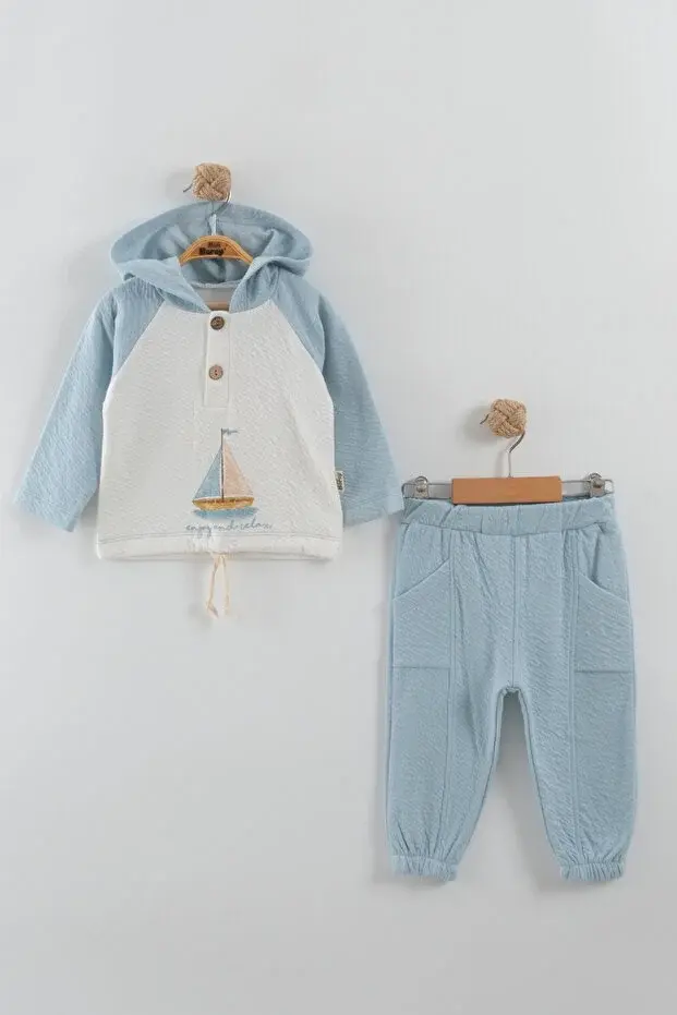 Örme Müslin Gemili Mavi Takım  (9-12-18 Ay ) Seri - 955-Mavi