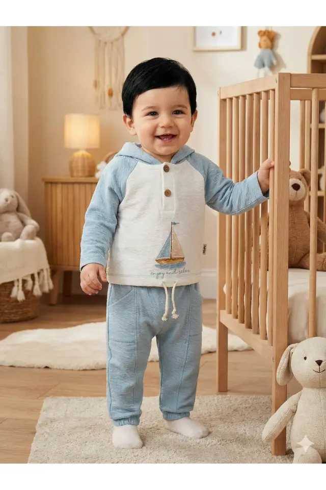 Örme Müslin Gemili Mavi Takım  (9-12-18 Ay ) Seri - 955-Mavi