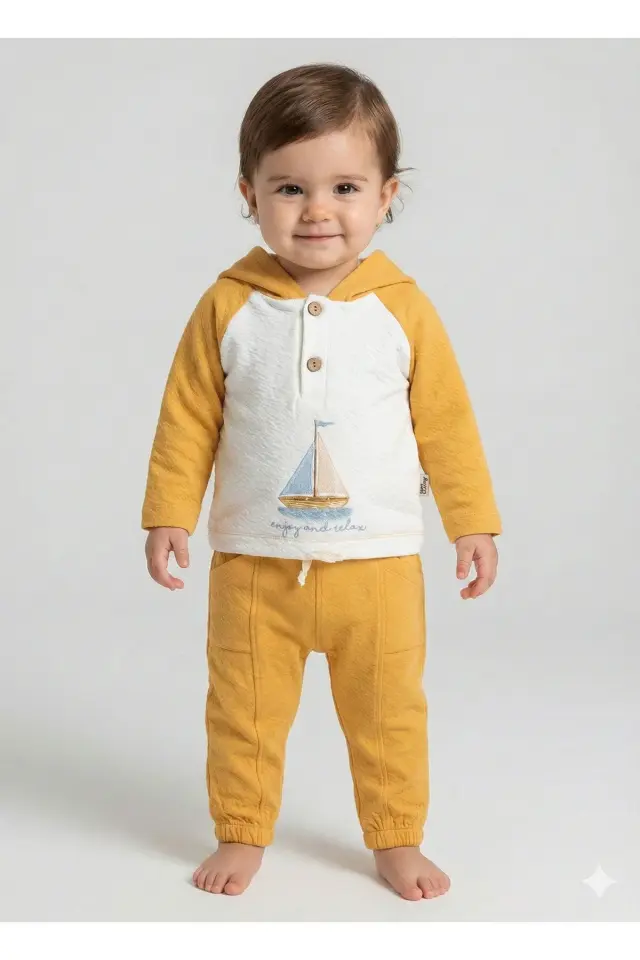 Örme Müslin Gemili Sarı Takım (9-12-18 Ay ) Seri - 955-Sarı