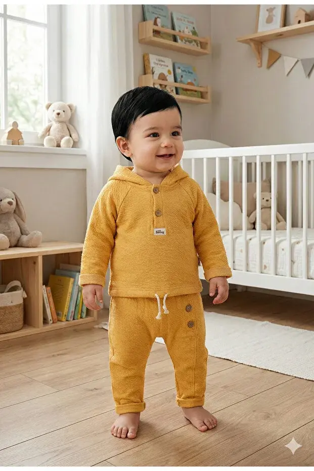 Tavşan kulaklı Örme Müslin İkili Takım 9 -12-18 Ay Seri -915-Hardal