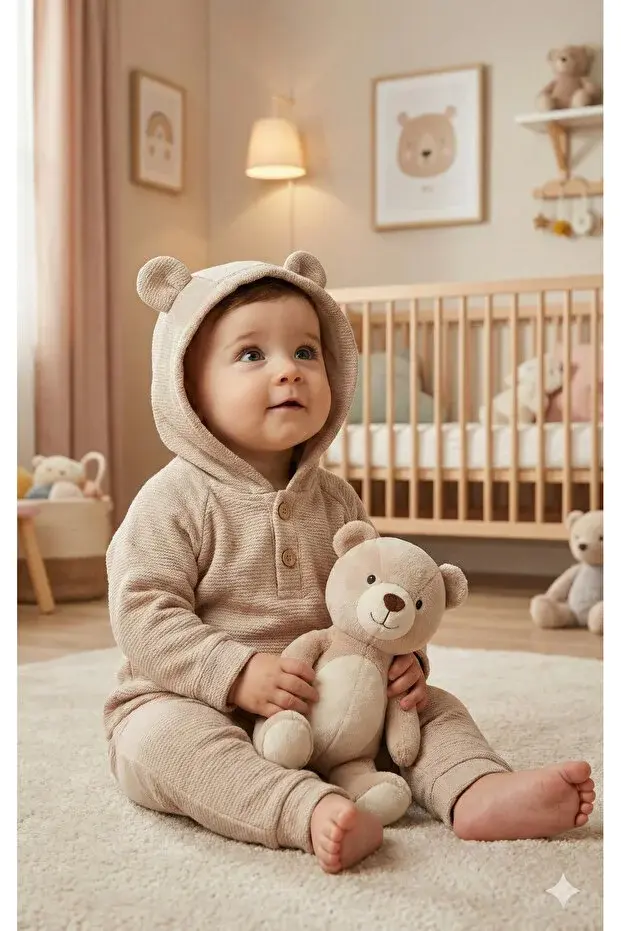 Tavşan kulaklı Örme Müslin İkili Takım 9 -12-18 Ay Seri -915-Bej