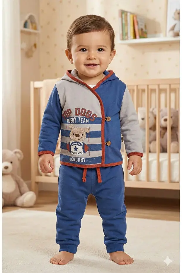 Çoban Düğmeli 3 Lü Erkek Penye Takım 9-12-18 Ay Seri -926-Mavi