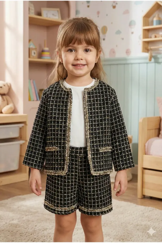 Müslin Ceketli Şortlu Siyah 3'lü Kız Çocuk Takım (2-3-4-5 yaş) Seri - 1052-Siyah