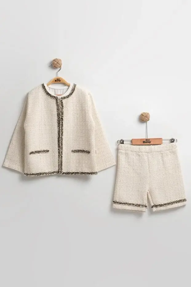 Müslin Ceketli Şortlu Krem 3'lü Kız Çocuk Takım (2-3-4-5 yaş) Seri - 1052-Krem