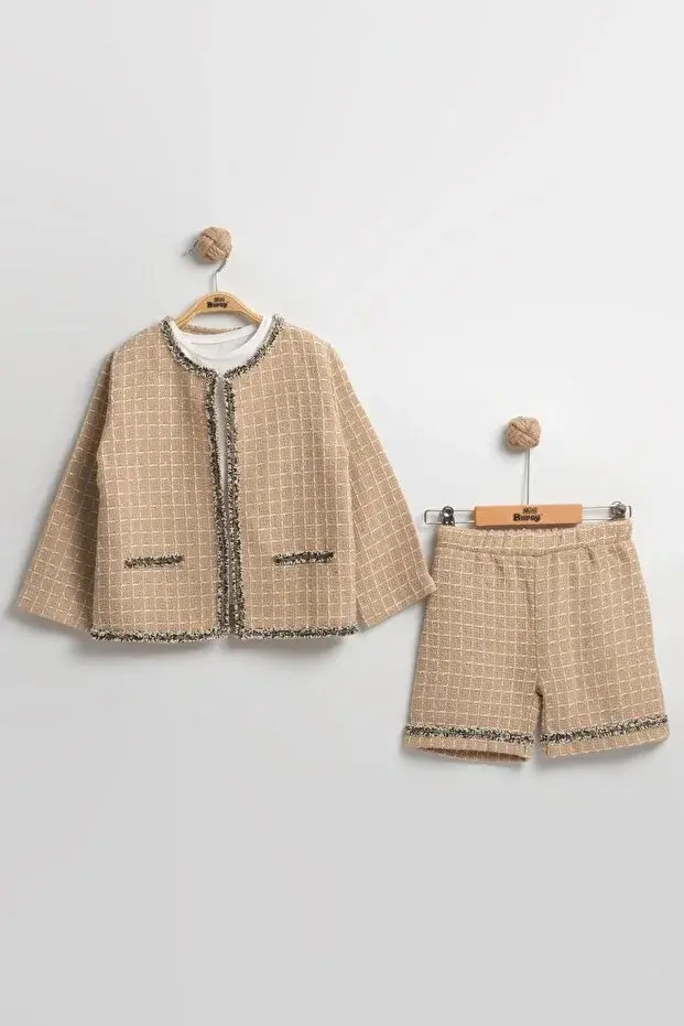 Müslin Ceketli Şortlu Bej 3'lü Kız Çocuk Takım (2-3-4-5 yaş) Seri - 1052-Bej