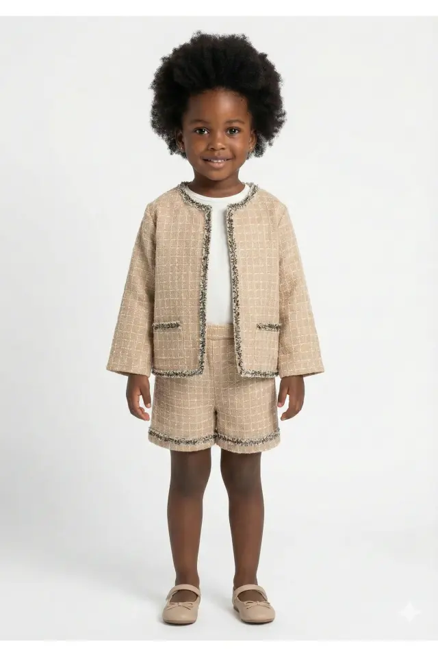 Müslin Ceketli Şortlu Bej 3'lü Kız Çocuk Takım (2-3-4-5 yaş) Seri - 1052-Bej