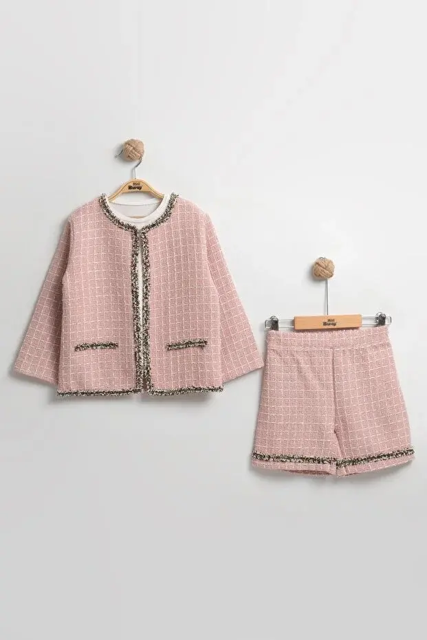 Müslin Ceketli Şortlu Pembe 3'lü Kız Çocuk Takım (2-3-4-5 yaş) Seri - 1052-Pembe