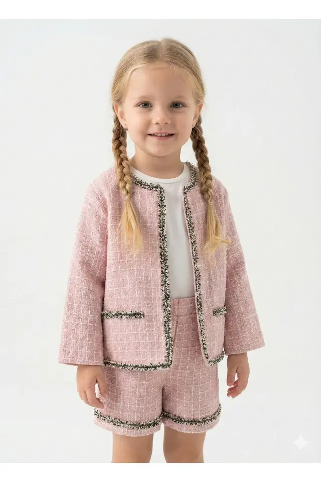 Müslin Ceketli Şortlu Pembe 3'lü Kız Çocuk Takım (2-3-4-5 yaş) Seri - 1052-Pembe