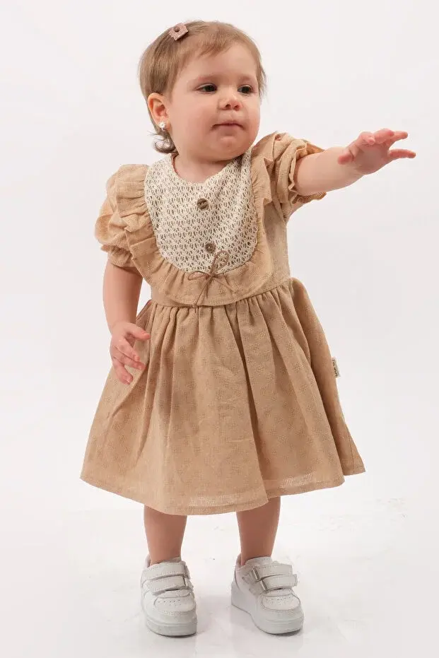 Yazlık Dokuma Kız Elbise - %100 Pamuk 9-12-18-24 Ay Seri -1062-Kahverengi
