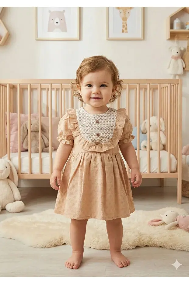 Yazlık Dokuma Kız Elbise - %100 Pamuk 9-12-18-24 Ay Seri -1062-Kahverengi