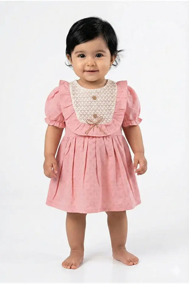 Yazlık Dokuma Kız Elbise - %100 Pamuk 9-12-18-24 Ay Seri -1062-Pembe