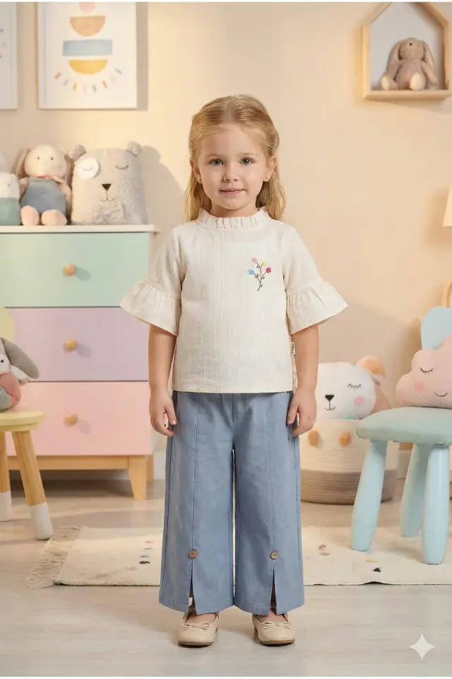 İspanyol Paça Dokuma Gömlekli Kız Çocuk Mavi Yazlık Takım (2-3-4-5 yaş) Seri - 1059-Mavi