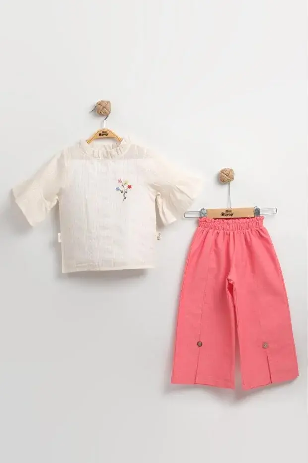 İspanyol Paça Dokuma Gömlekli Kız Çocuk Pembe Yazlık Takım  (2-3-4-5 yaş) Seri - 1059-Pembe