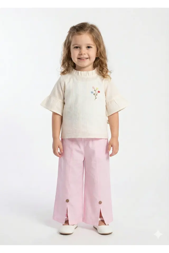 İspanyol Paça Dokuma Gömlekli Kız Çocuk Açık Pembe Yazlık Takım (2-3-4-5 yaş) Seri - 1059-Açık Pembe