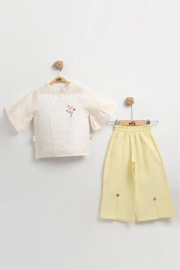 İspanyol Paça Dokuma Gömlekli Kız Çocuk Sarı Yazlık Takım (2-3-4-5 yaş) Seri - 1059-Sarı