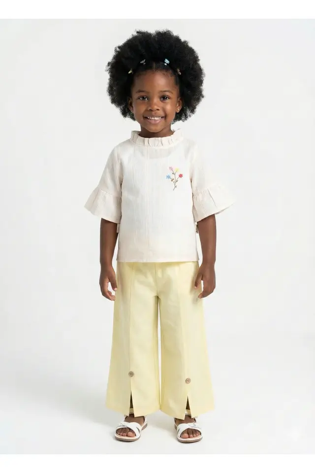 İspanyol Paça Dokuma Gömlekli Kız Çocuk Sarı Yazlık Takım (2-3-4-5 yaş) Seri - 1059-Sarı