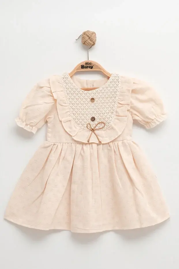 Yazlık Dokuma Kız Elbise - %100 Pamuk 9-12-18-24 Ay Seri -1062-Bej