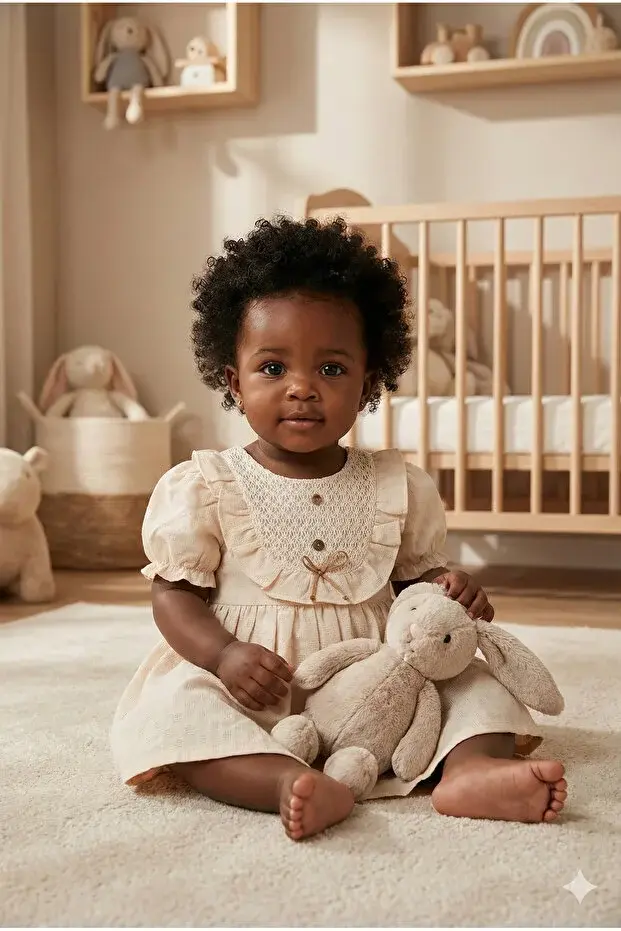 Yazlık Dokuma Kız Elbise - %100 Pamuk 9-12-18-24 Ay Seri -1062-Bej