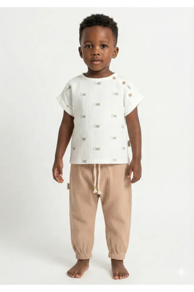Yaş Erkek Çocuk Timsah Baskılı 2'li Kahverengi Yazlık Takım (2-3-4-5 yaş) Seri - 949-Kahverengi