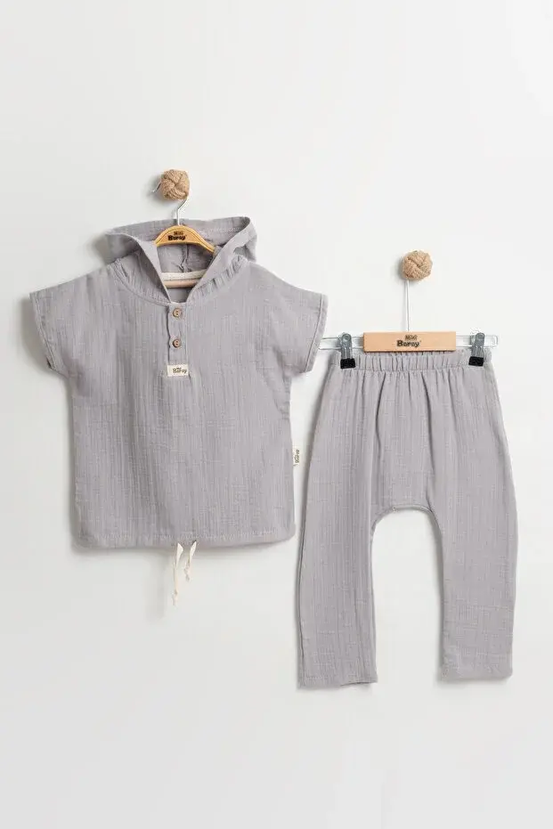 Yaş Erkek Çocuk Kapüşonlu Yazlık Müslin Takım - 2-3-4-5 yaş Nefes Alabilir Pamuklu Bebek Kıyafeti Seri -843-Gri