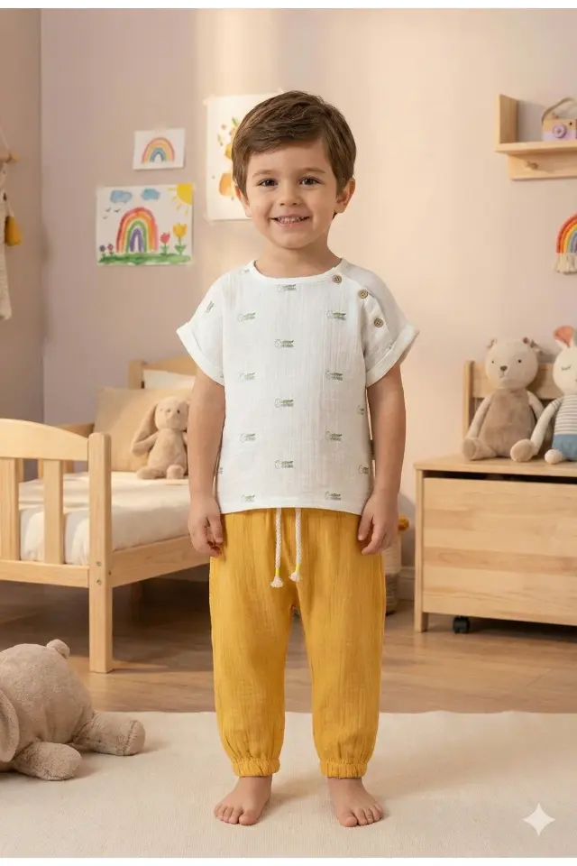 Yaş Erkek Çocuk Timsah Baskılı 2'li Sarı Yazlık Takım (2-3-4-5 yaş) Seri - 949-Sarı