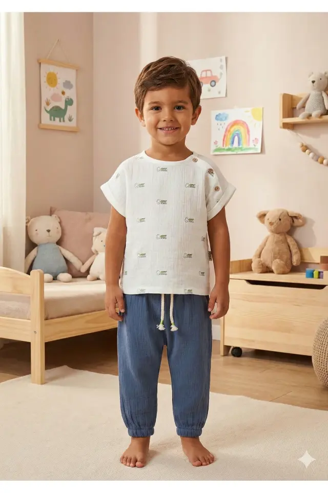 Yaş Erkek Çocuk Timsah Baskılı 2'li Lacivert Yazlık Takım (2-3-4-5 yaş) Seri - 949-Lacivert