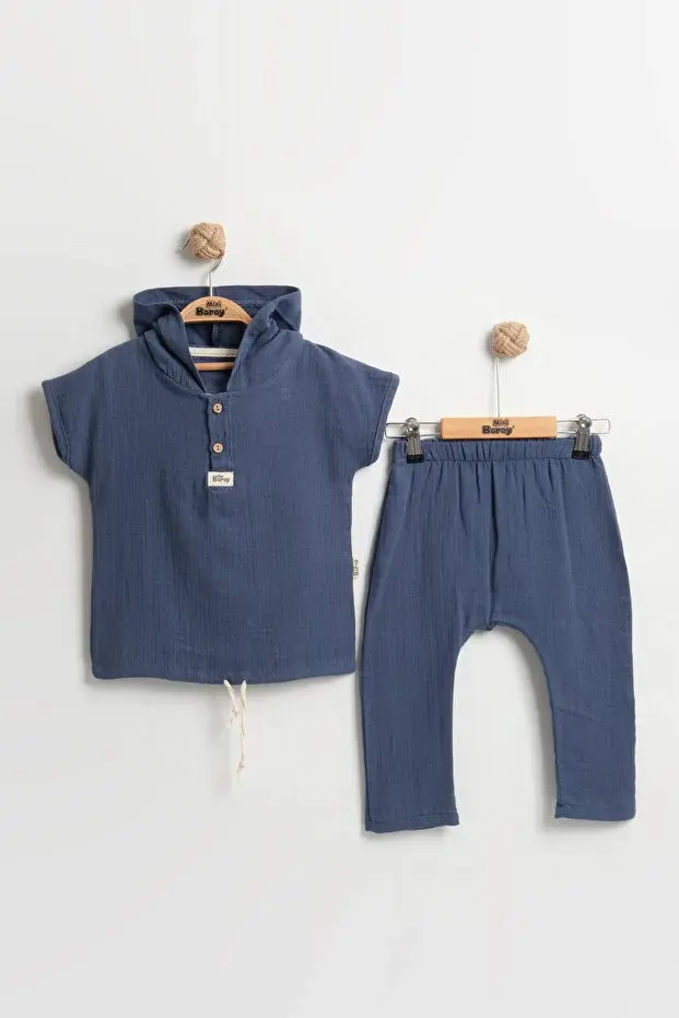 Yaş Erkek Çocuk Kapüşonlu Yazlık Müslin Takım - 2-3-4-5 yaş Nefes Alabilir Pamuklu Bebek Kıyafeti Seri -843-Lacivert