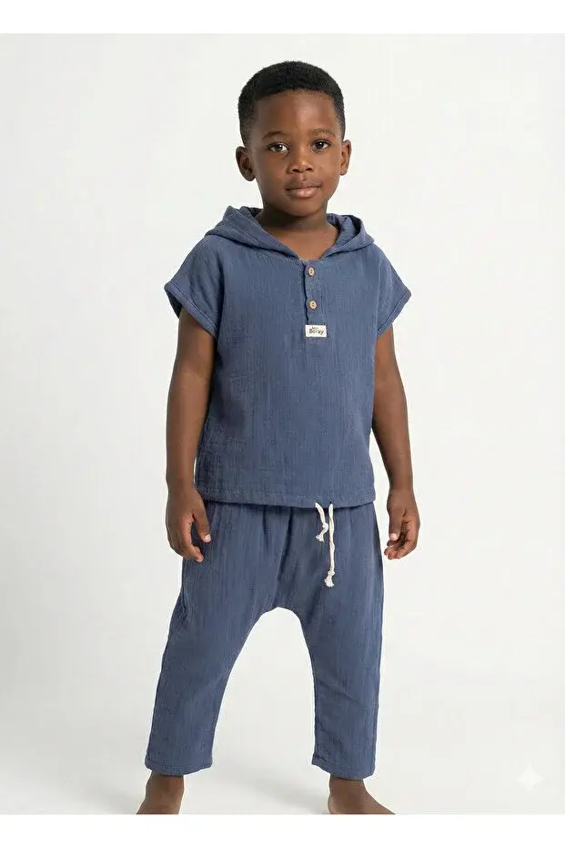 Yaş Erkek Çocuk Kapüşonlu Yazlık Müslin Takım - 2-3-4-5 yaş Nefes Alabilir Pamuklu Bebek Kıyafeti Seri -843-Lacivert