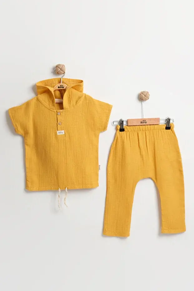 Yaş Erkek Çocuk Kapüşonlu Yazlık Müslin Takım - 2-3-4-5 yaş Nefes Alabilir Pamuklu Bebek Kıyafeti Seri -843-Sarı