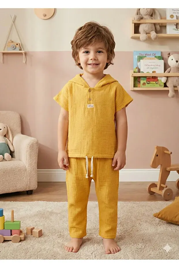 Yaş Erkek Çocuk Kapüşonlu Yazlık Müslin Takım - 2-3-4-5 yaş Nefes Alabilir Pamuklu Bebek Kıyafeti Seri -843-Sarı