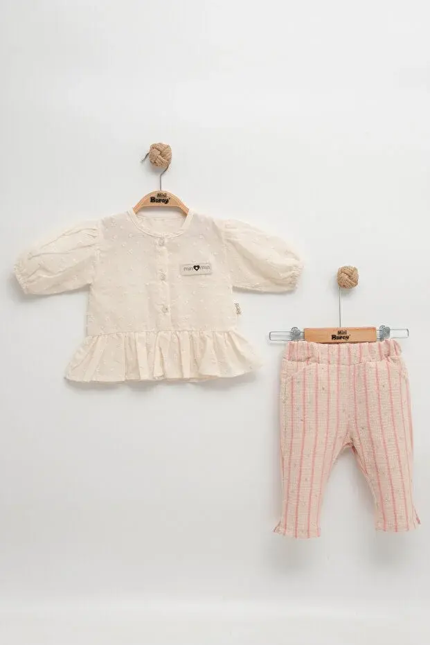 Çizgili Pantolonlu Dokuma Gömlekli Pembe Yazlık Kız Bebek Takım (9-12-18 Ay ) Seri - 1050-Pembe