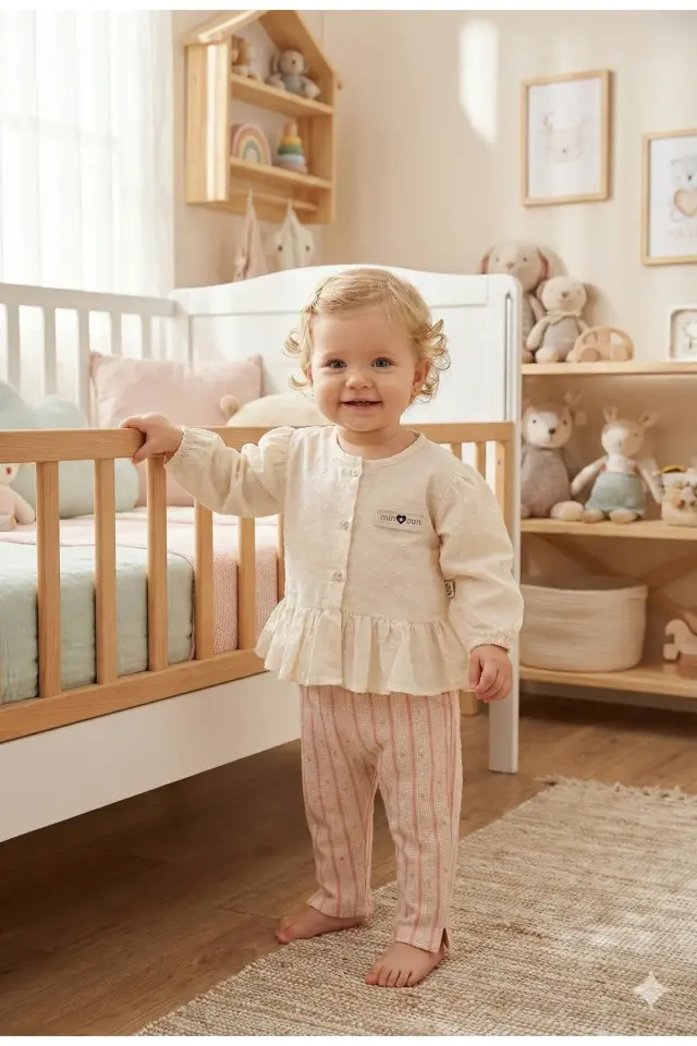 Çizgili Pantolonlu Dokuma Gömlekli Pembe Yazlık Kız Bebek Takım (9-12-18 Ay ) Seri - 1050-Pembe