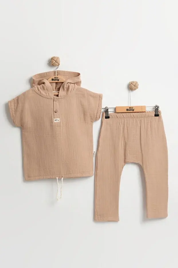 Yaş Erkek Çocuk Kapüşonlu Yazlık Müslin Takım - 2-3-4-5 yaş Nefes Alabilir Pamuklu Bebek Kıyafeti Seri -843-Kahverengi