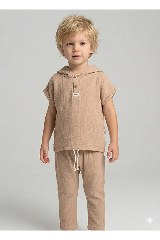 Yaş Erkek Çocuk Kapüşonlu Yazlık Müslin Takım - 2-3-4-5 yaş Nefes Alabilir Pamuklu Bebek Kıyafeti Seri -843-Kahverengi