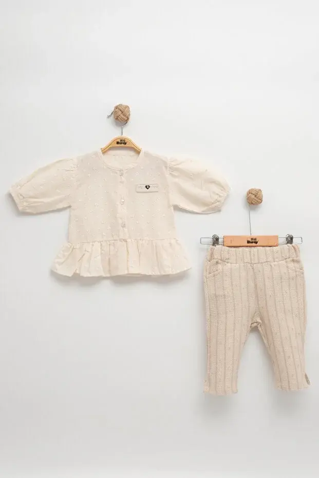 Çizgili Pantolonlu Dokuma Gömlekli Bej Yazlık Kız Bebek Takım (9-12-18 Ay ) Seri - 1050-Bej