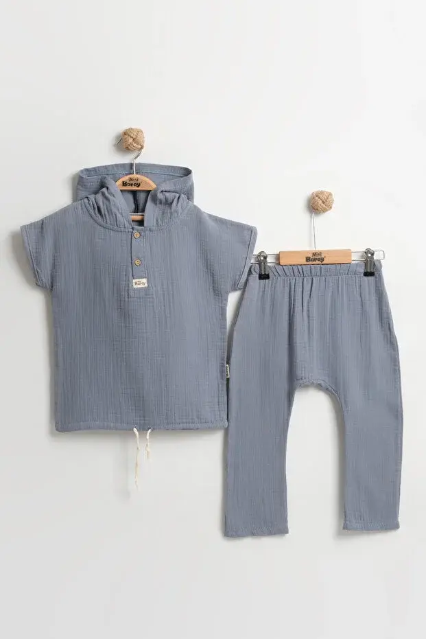 Yaş Erkek Çocuk Kapüşonlu Yazlık Müslin Takım - 2-3-4-5 yaş Nefes Alabilir Pamuklu Bebek Kıyafeti Seri -843-Mavi