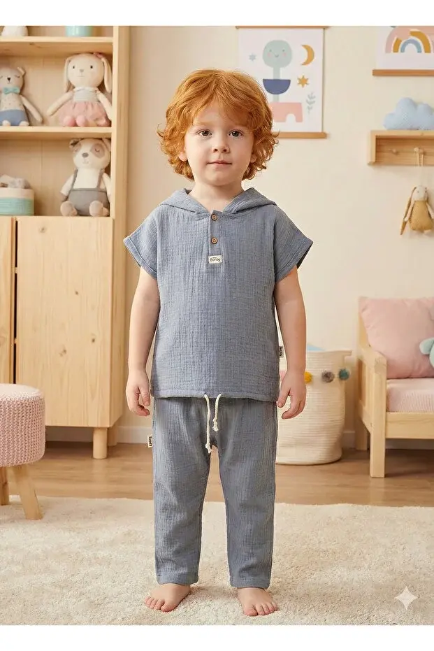 Yaş Erkek Çocuk Kapüşonlu Yazlık Müslin Takım - 2-3-4-5 yaş Nefes Alabilir Pamuklu Bebek Kıyafeti Seri -843-Mavi
