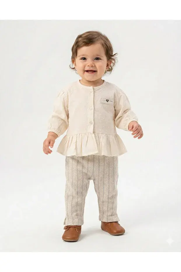 Çizgili Pantolonlu Dokuma Gömlekli Gri Yazlık Kız Bebek Takım (9-12-18 Ay ) Seri - 1050-Gri