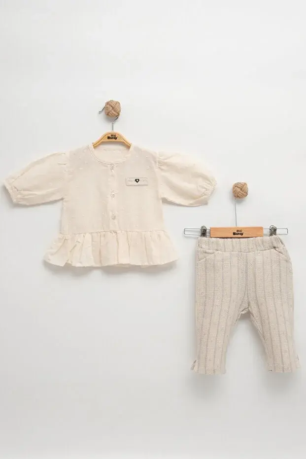 Çizgili Pantolonlu Dokuma Gömlekli Gri Yazlık Kız Bebek Takım (9-12-18 Ay ) Seri - 1050-Gri