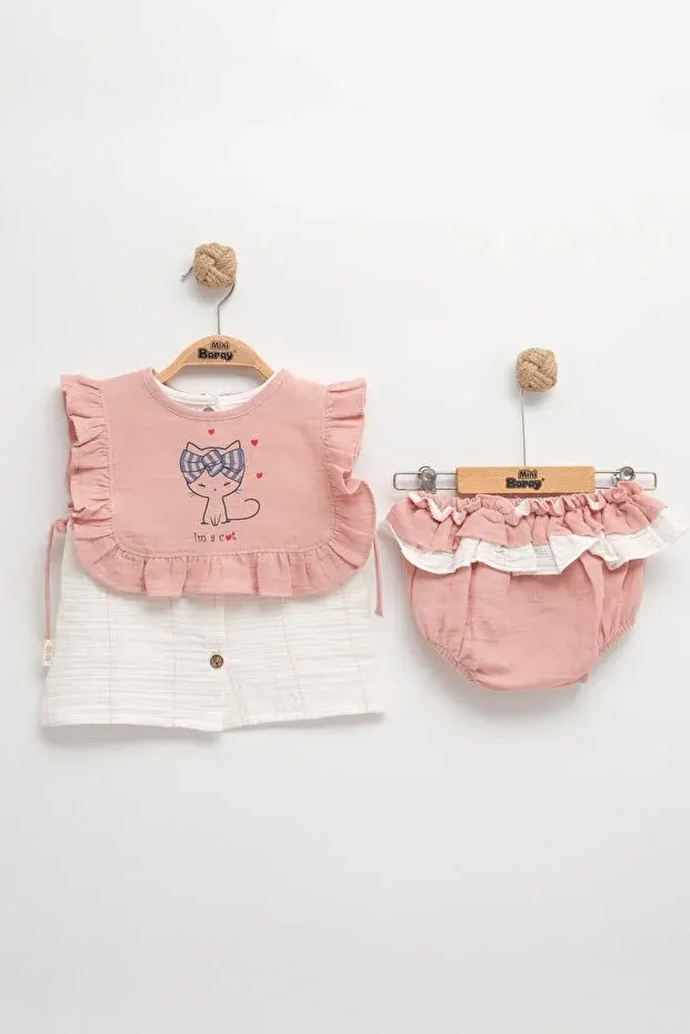 Kilotlu Bolerolu Müslin Kız Yazlık Takım 9-12-18 Ay Seri -985-Pembe