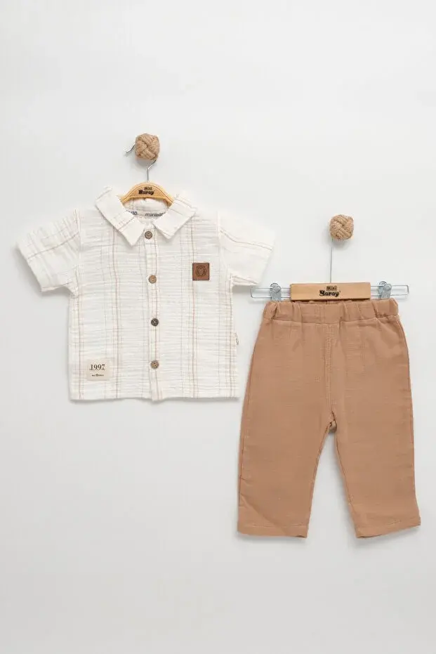 Çizgili Gömlekli ve Pantolon Erkek Bebek Bej Yazlık Müslin Takım (9-12-18-24 Ay )Seri - 1063-Bej