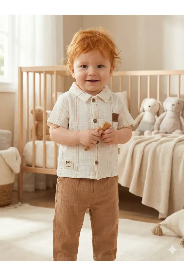 Çizgili Gömlekli ve Pantolon Erkek Bebek Bej Yazlık Müslin Takım (9-12-18-24 Ay )Seri - 1063-Bej