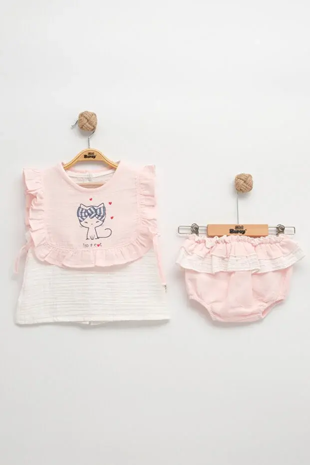 Kilotlu Bolerolu Müslin Kız Yazlık Takım 9-12-18 Ay Seri -985-Açık Pembe